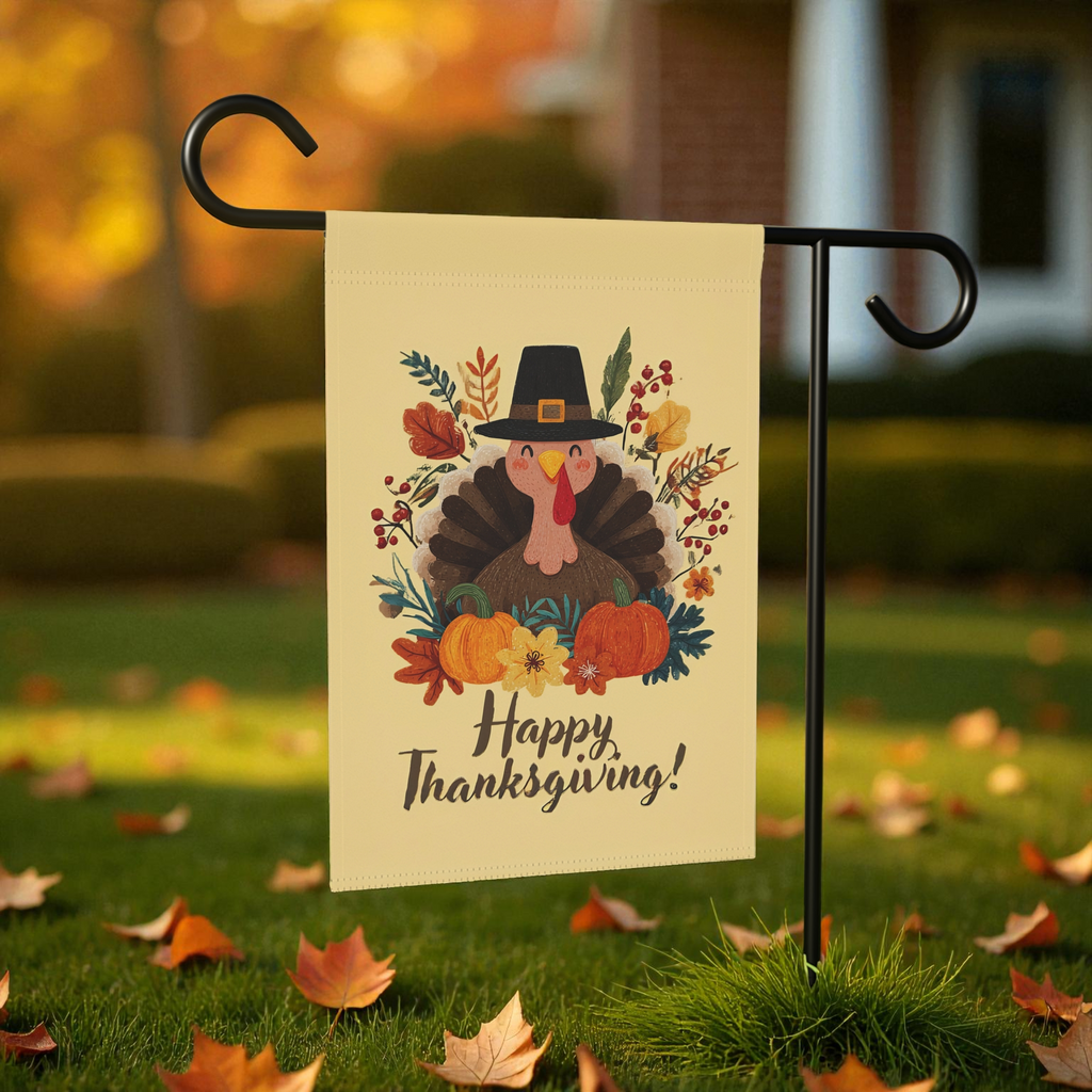 Happy Pilgrim Turkey Thanksgiving Garden Flag - lifestyle display - Dragonfire Gardens