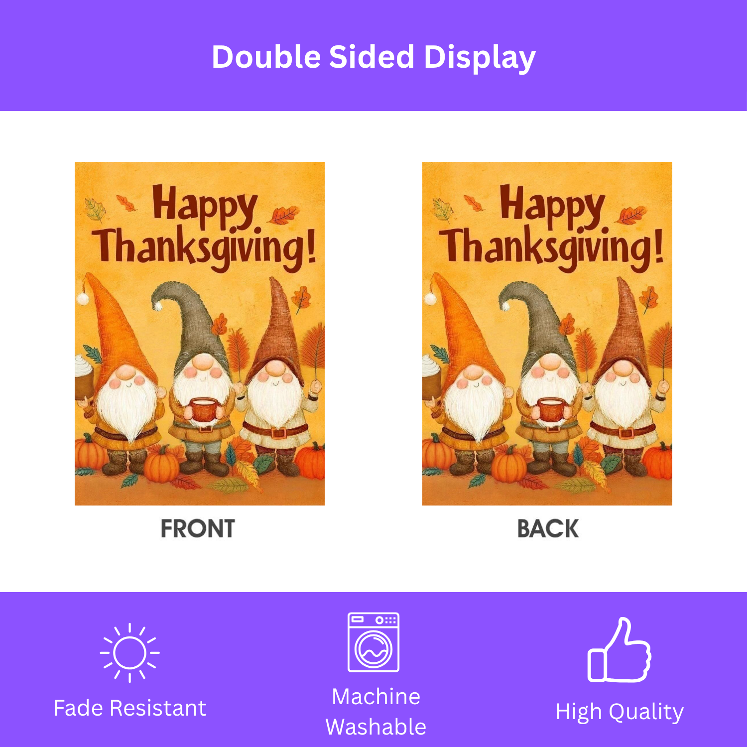Three Gnome Happy Thanksgiving Garden Flag - double-sided design - Dragonfire Gardens