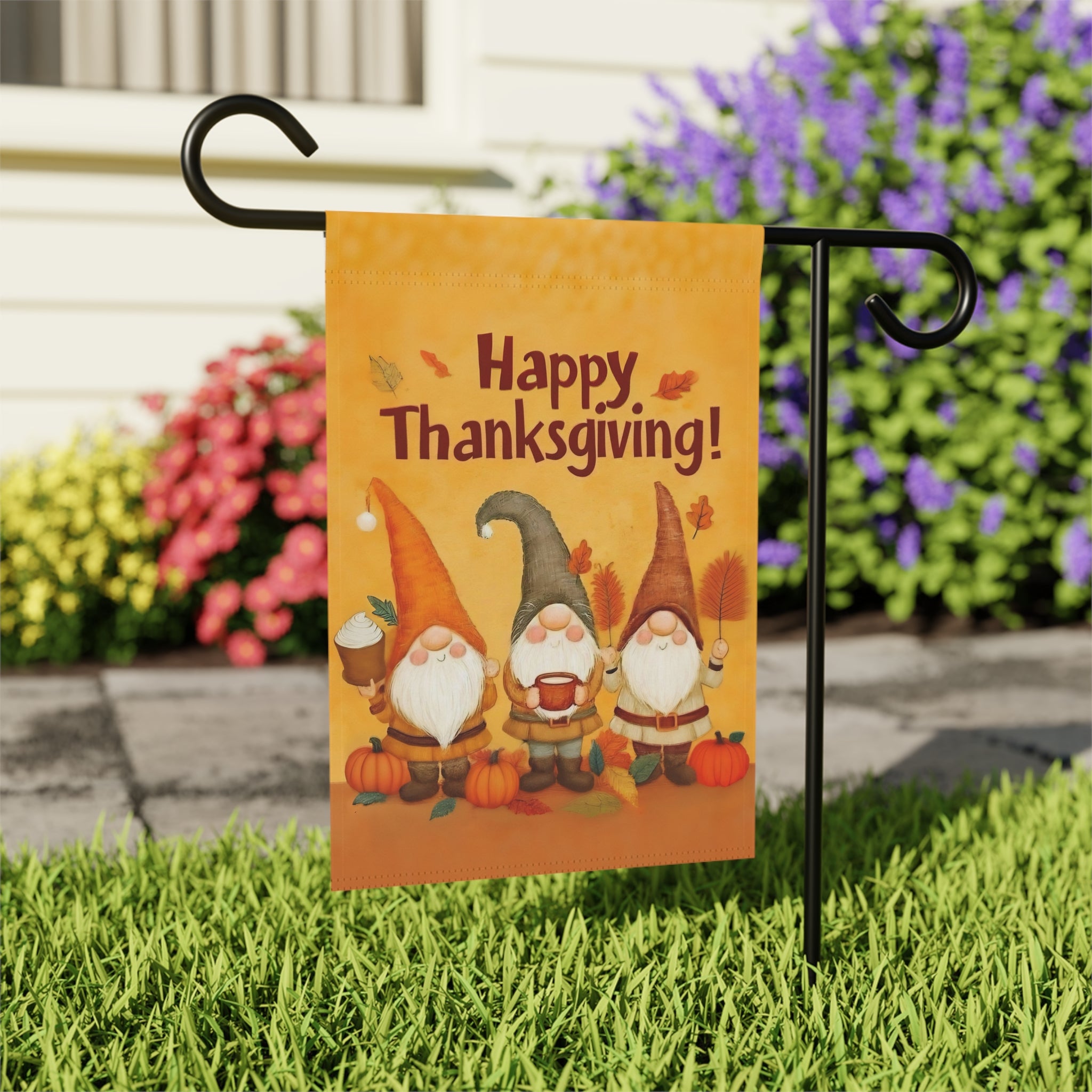 Three Gnome Happy Thanksgiving Garden Flag - outdoor display - Dragonfire Gardens