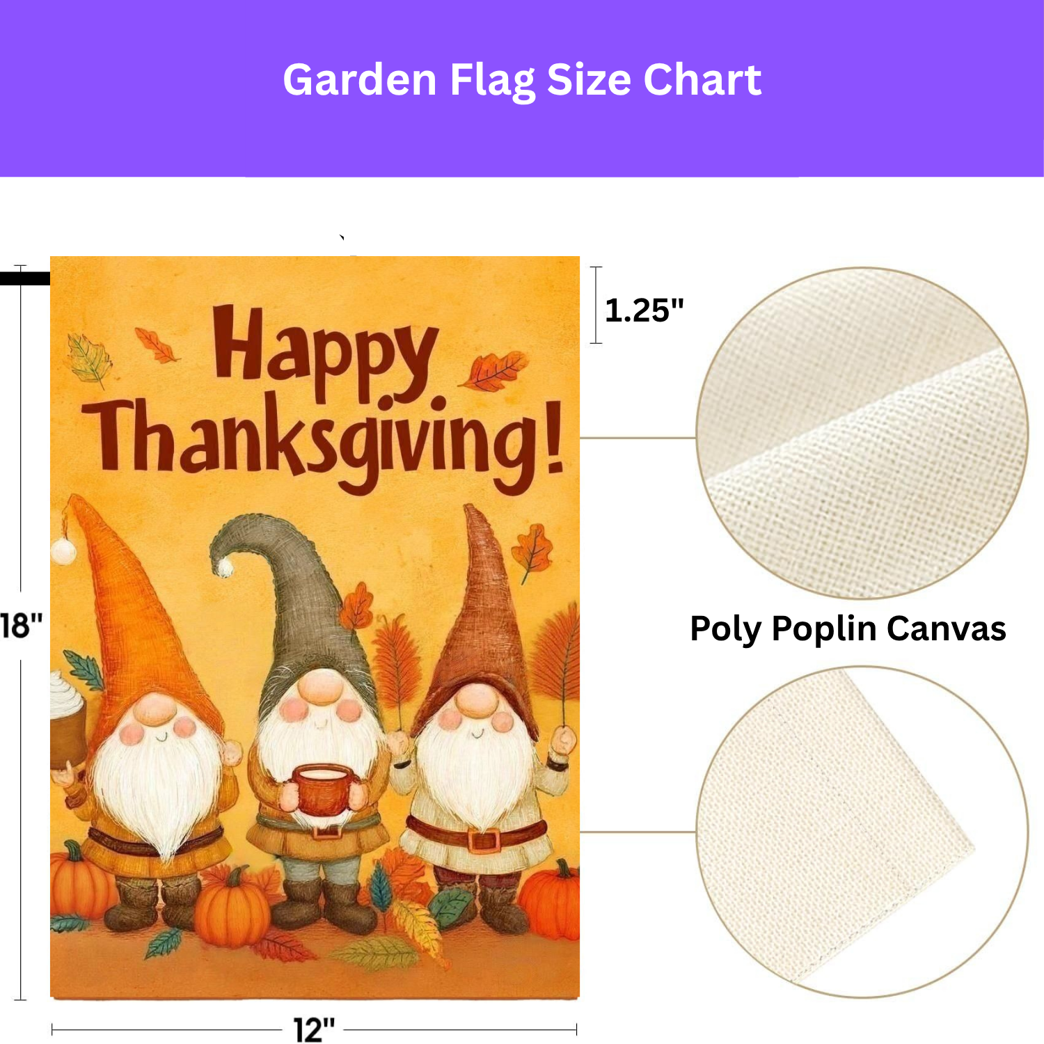 Three Gnome Happy Thanksgiving Garden Flag - size comparison - Dragonfire Gardens
