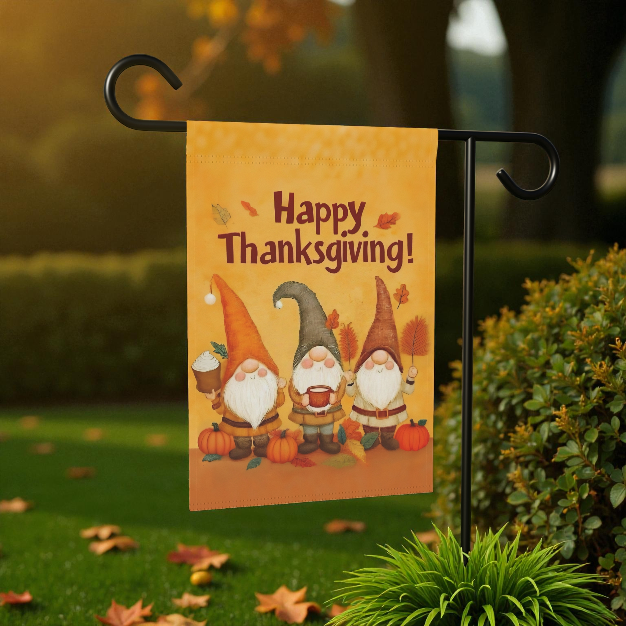 Three Gnome Happy Thanksgiving Garden Flag - lifestyle display - Dragonfire Gardens