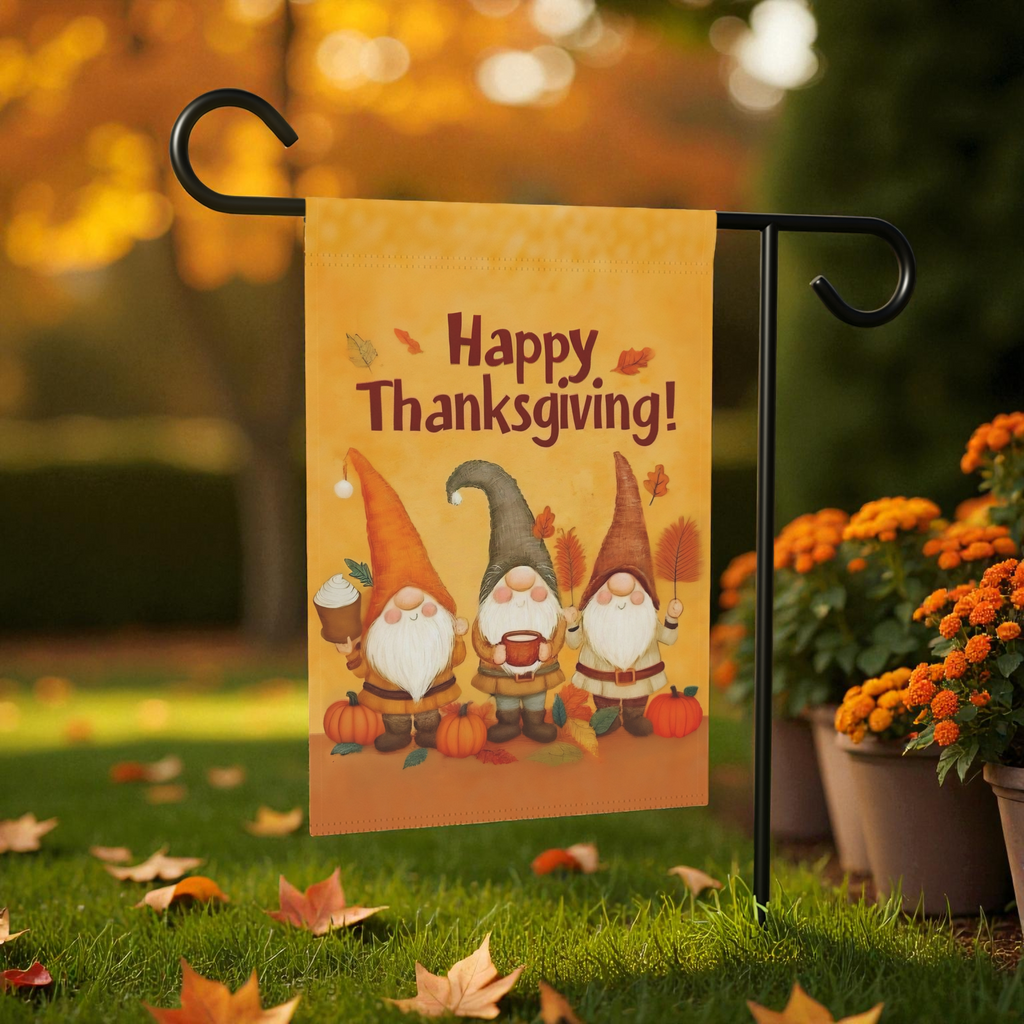 Three Gnome Happy Thanksgiving Garden Flag - front view - Dragonfire Gardens