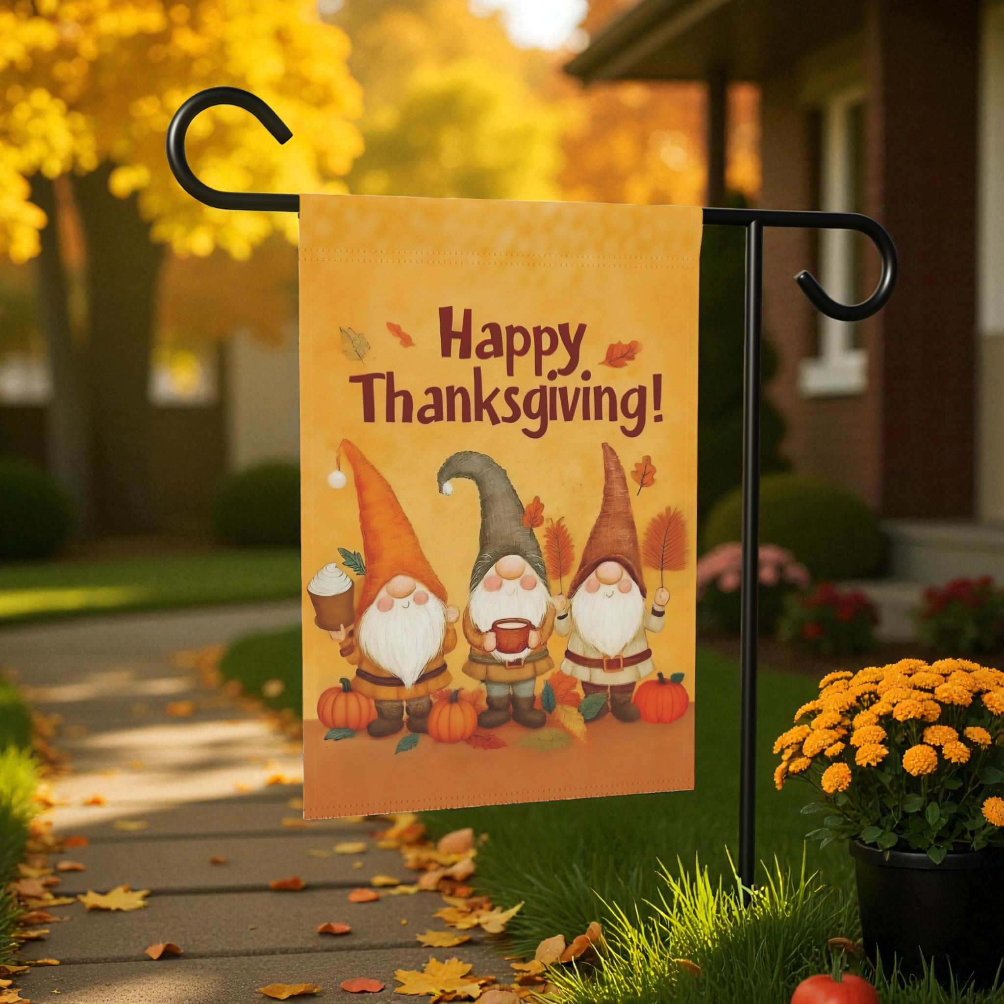 Three Gnome Happy Thanksgiving Garden Flag - product detail - Dragonfire Gardens