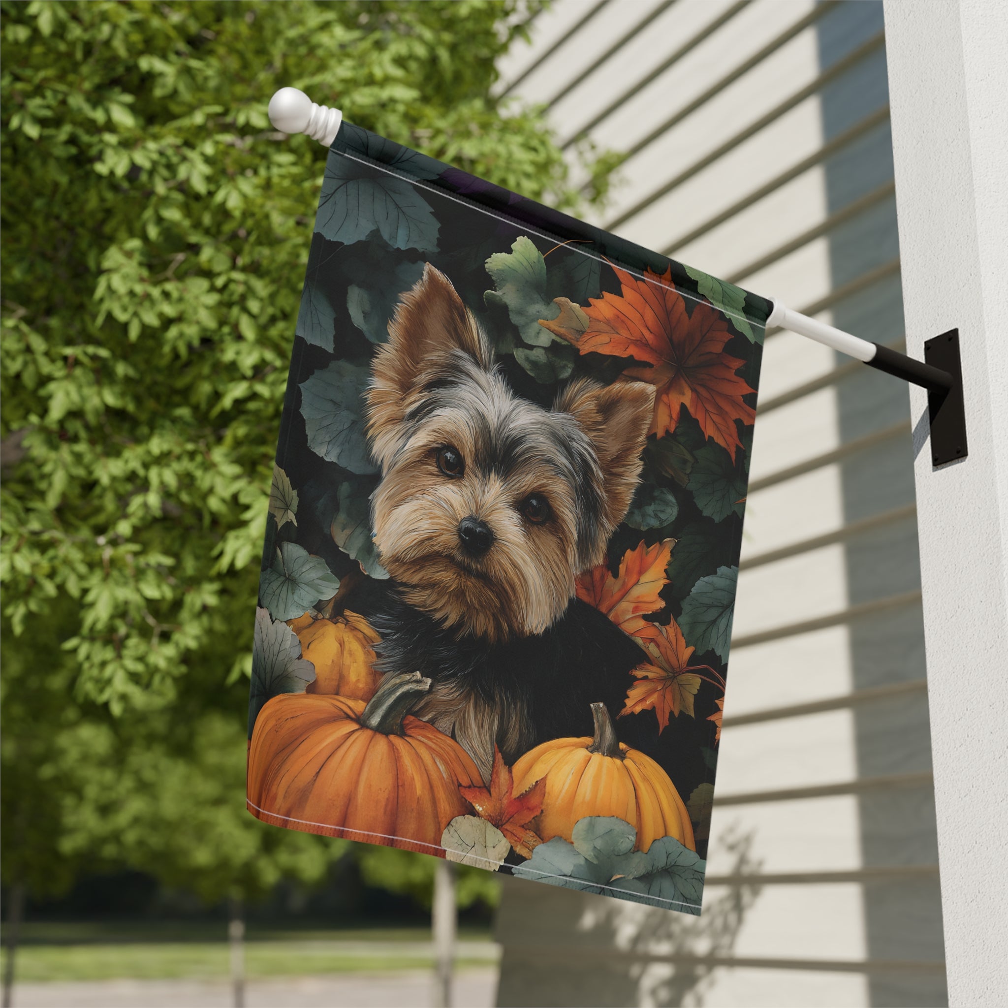 Two Pumpkins and Yorkshire Terrier Fall Garden Flag - close-up detail - Dragonfire Gardens