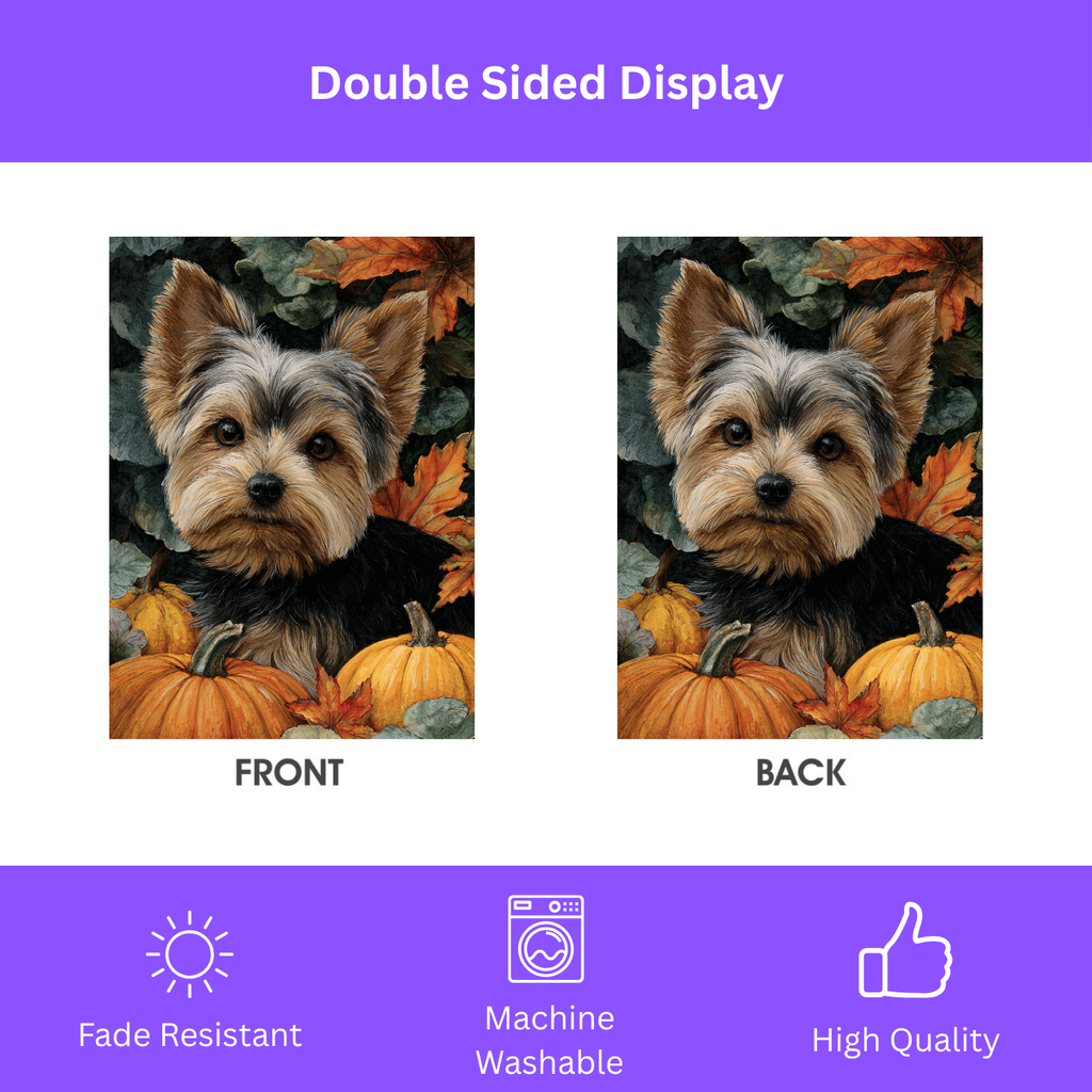 Two Pumpkins and Yorkshire Terrier Fall Garden Flag - yard display - Dragonfire Gardens