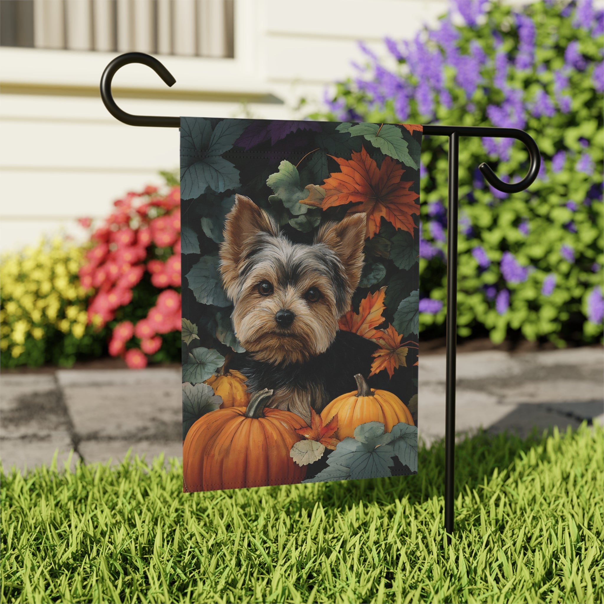 Two Pumpkins and Yorkshire Terrier Fall Garden Flag - outdoor display - Dragonfire Gardens