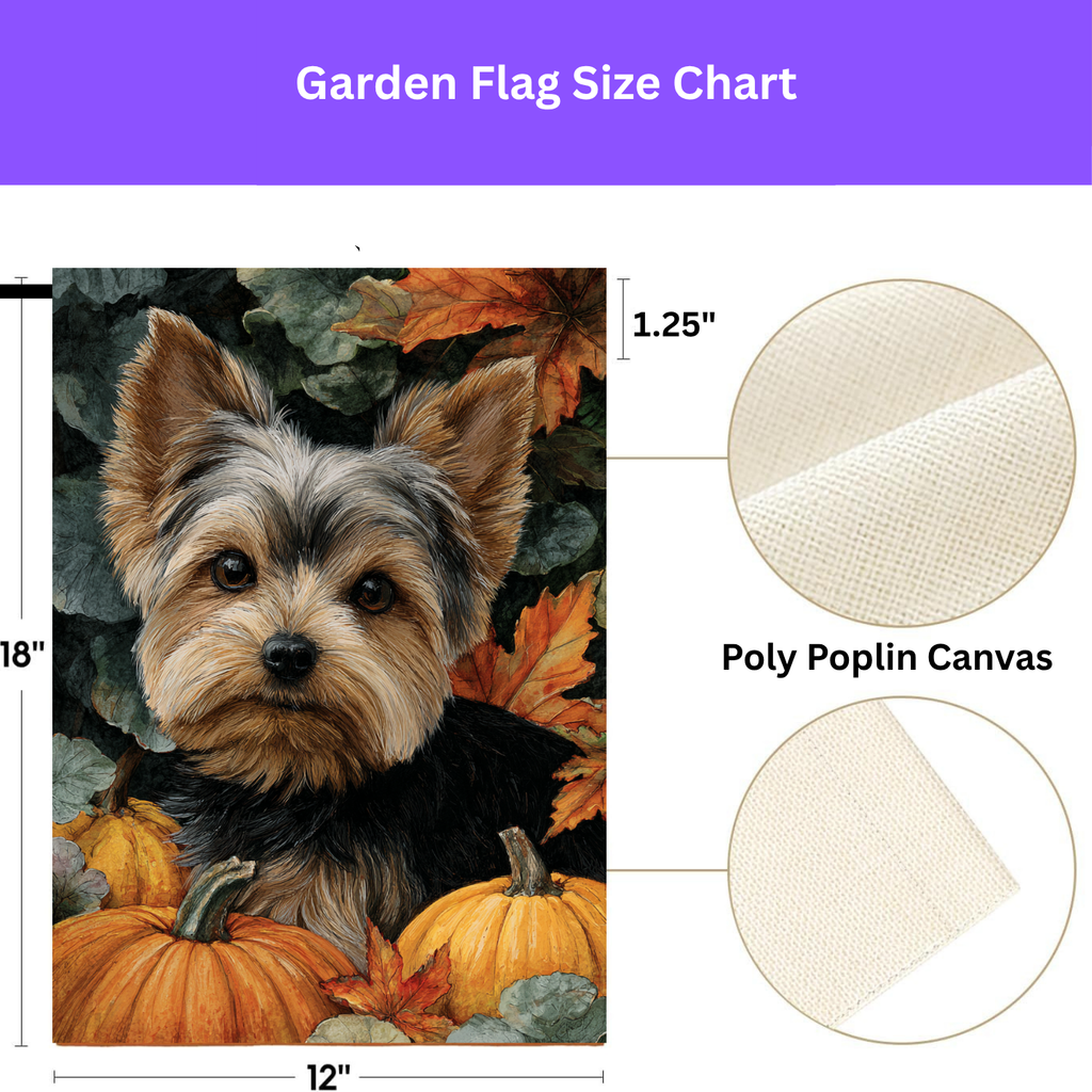 Two Pumpkins and Yorkshire Terrier Fall Garden Flag - size comparison - Dragonfire Gardens