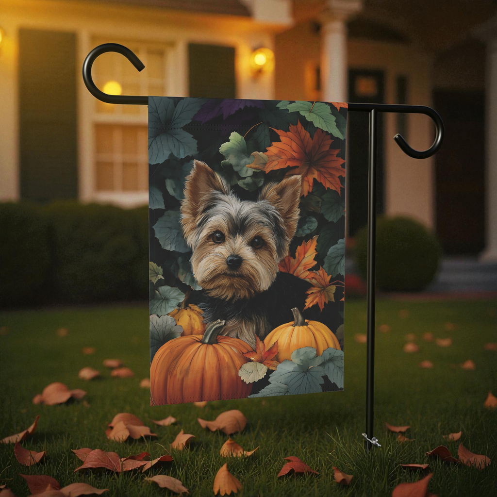 Two Pumpkins and Yorkshire Terrier Fall Garden Flag - double-sided design - Dragonfire Gardens