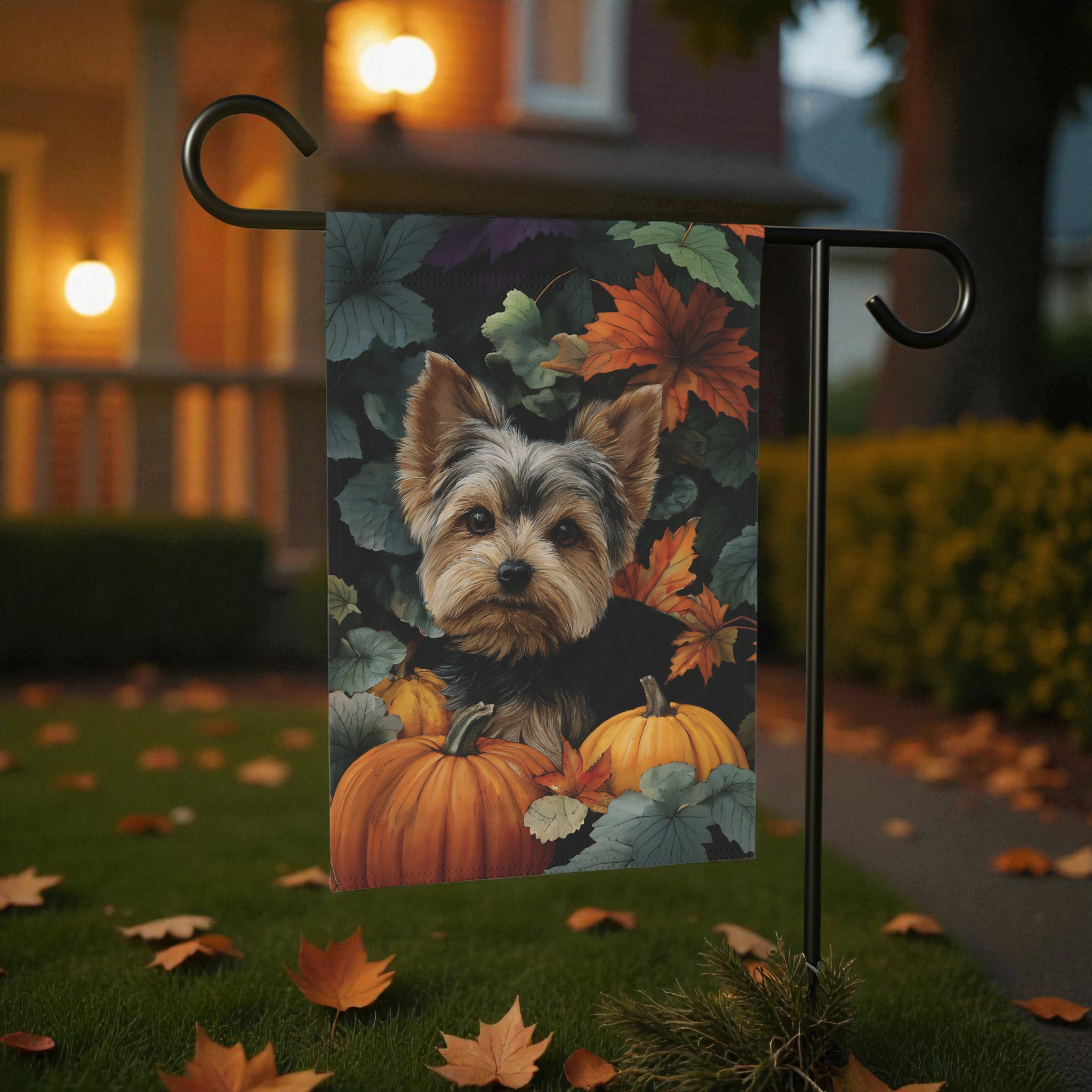 Two Pumpkins and Yorkshire Terrier Fall Garden Flag - product detail - Dragonfire Gardens