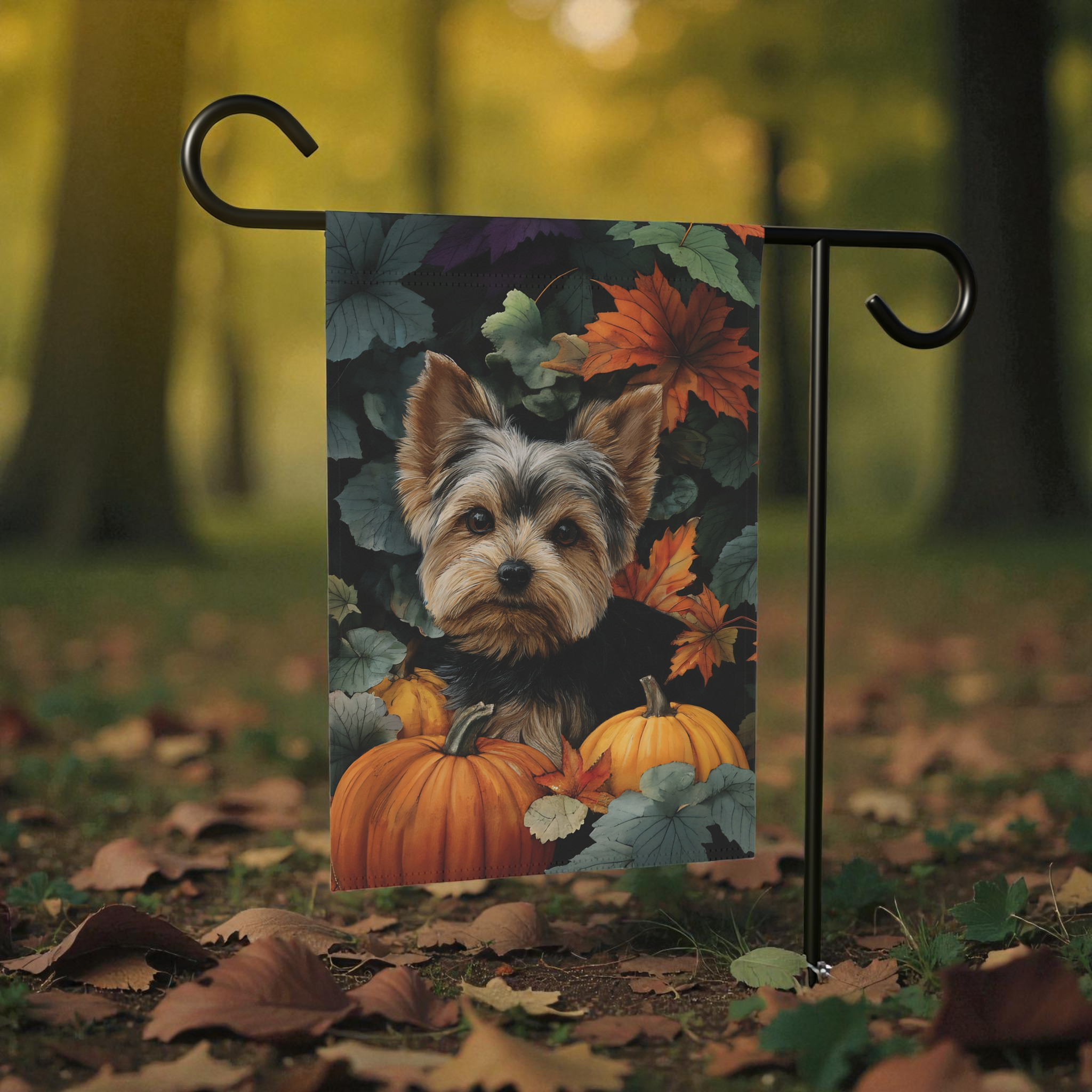 Two Pumpkins and Yorkshire Terrier Fall Garden Flag - lifestyle display - Dragonfire Gardens