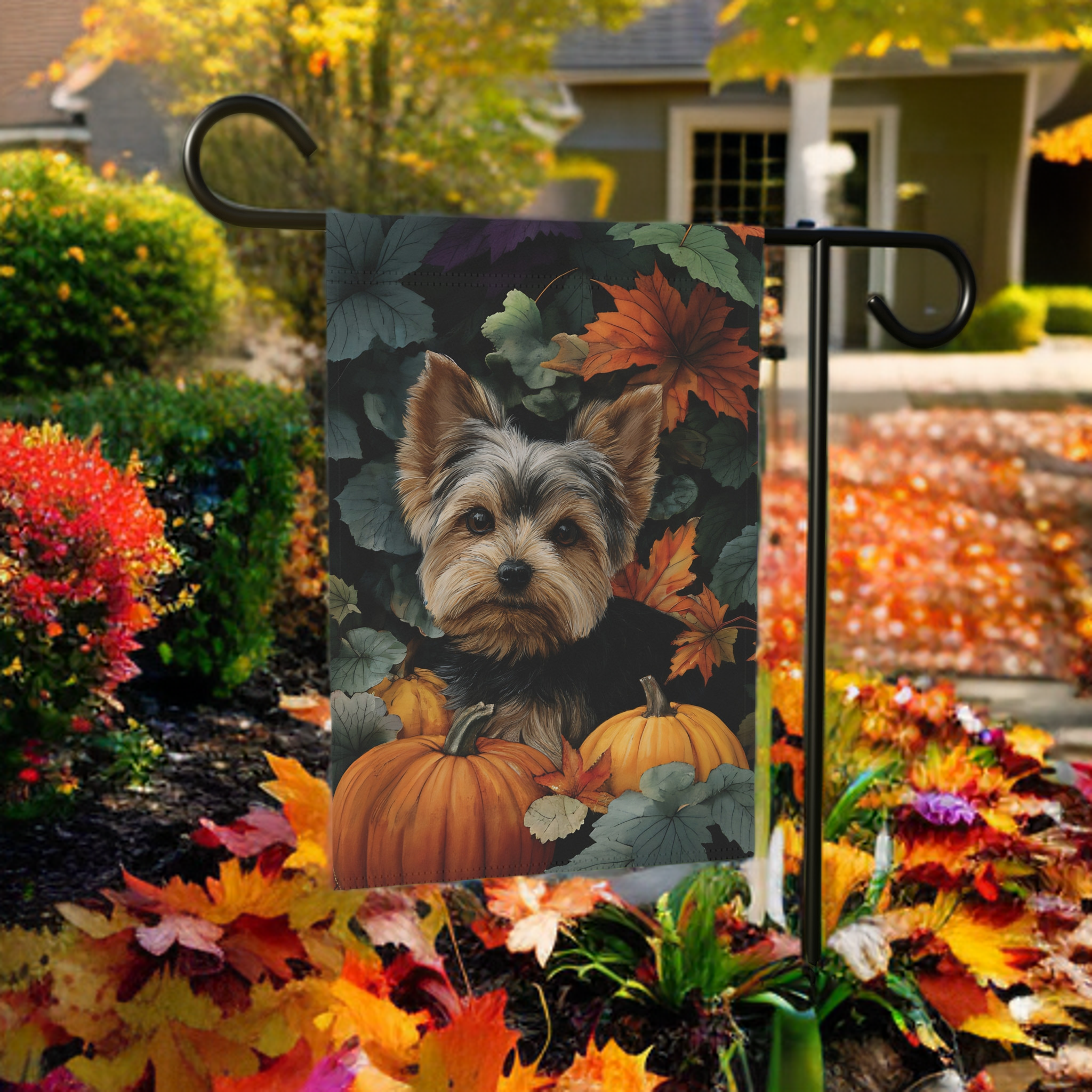 Two Pumpkins and Yorkshire Terrier Fall Garden Flag - front view - Dragonfire Gardens