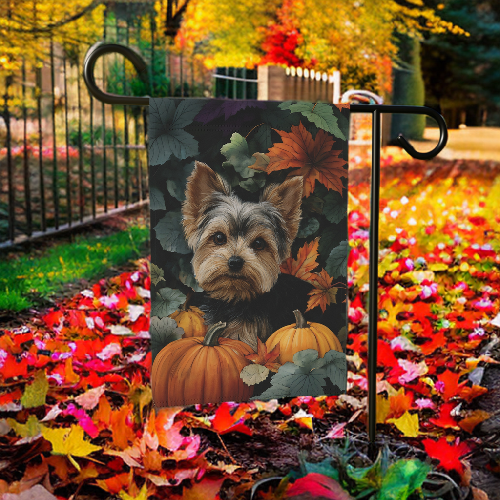 Two Pumpkins and Yorkshire Terrier Fall Garden Flag - banner view - Dragonfire Gardens