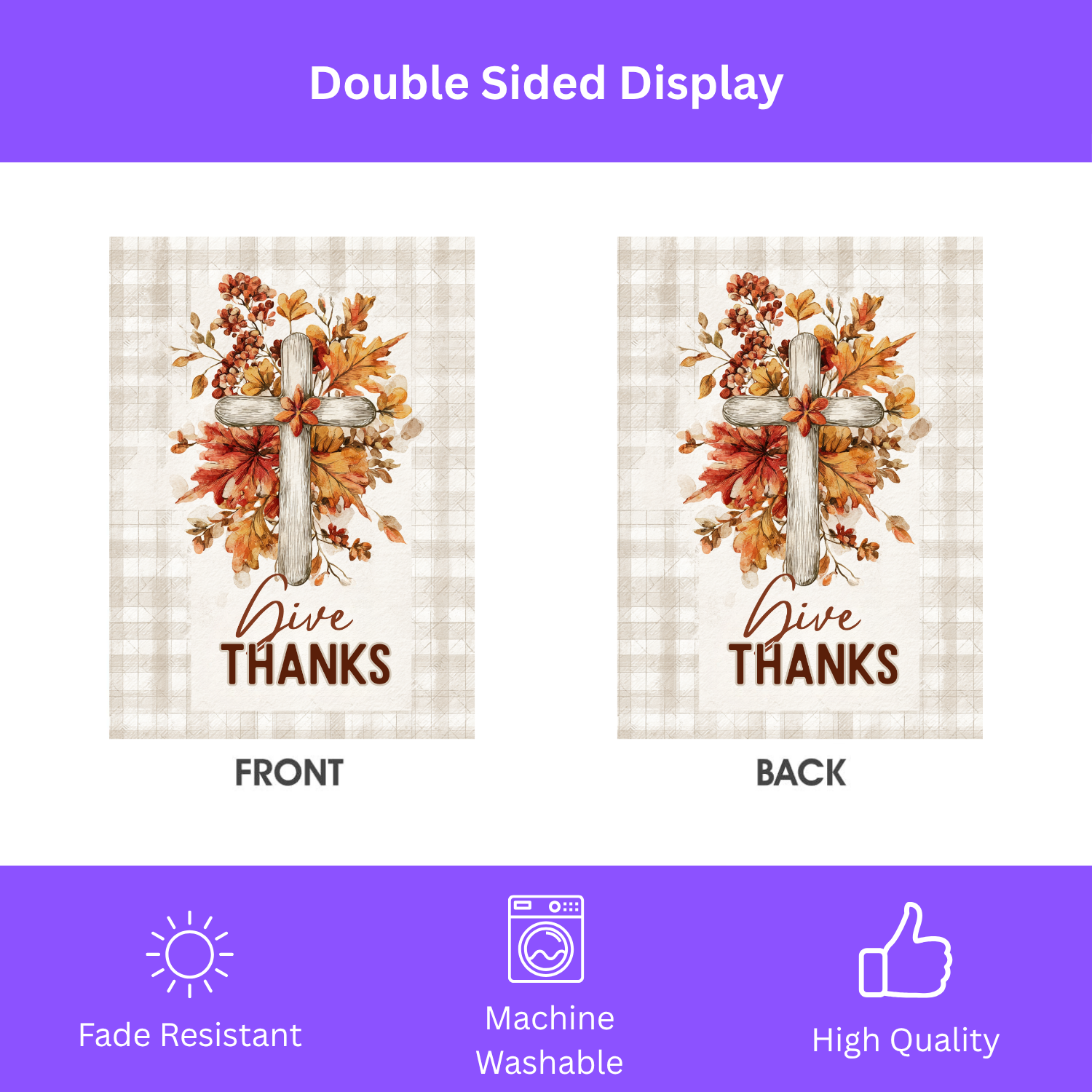 Give Thanks Wooden Cross Garden Flag - double-sided design - Dragonfire Gardens