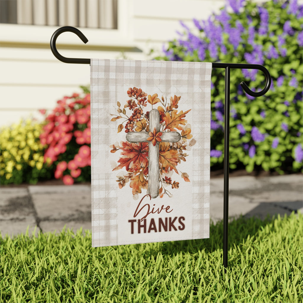 Give Thanks Wooden Cross Garden Flag - outdoor display - Dragonfire Gardens