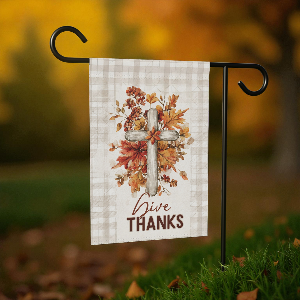 Give Thanks Wooden Cross Garden Flag - size comparison - Dragonfire Gardens