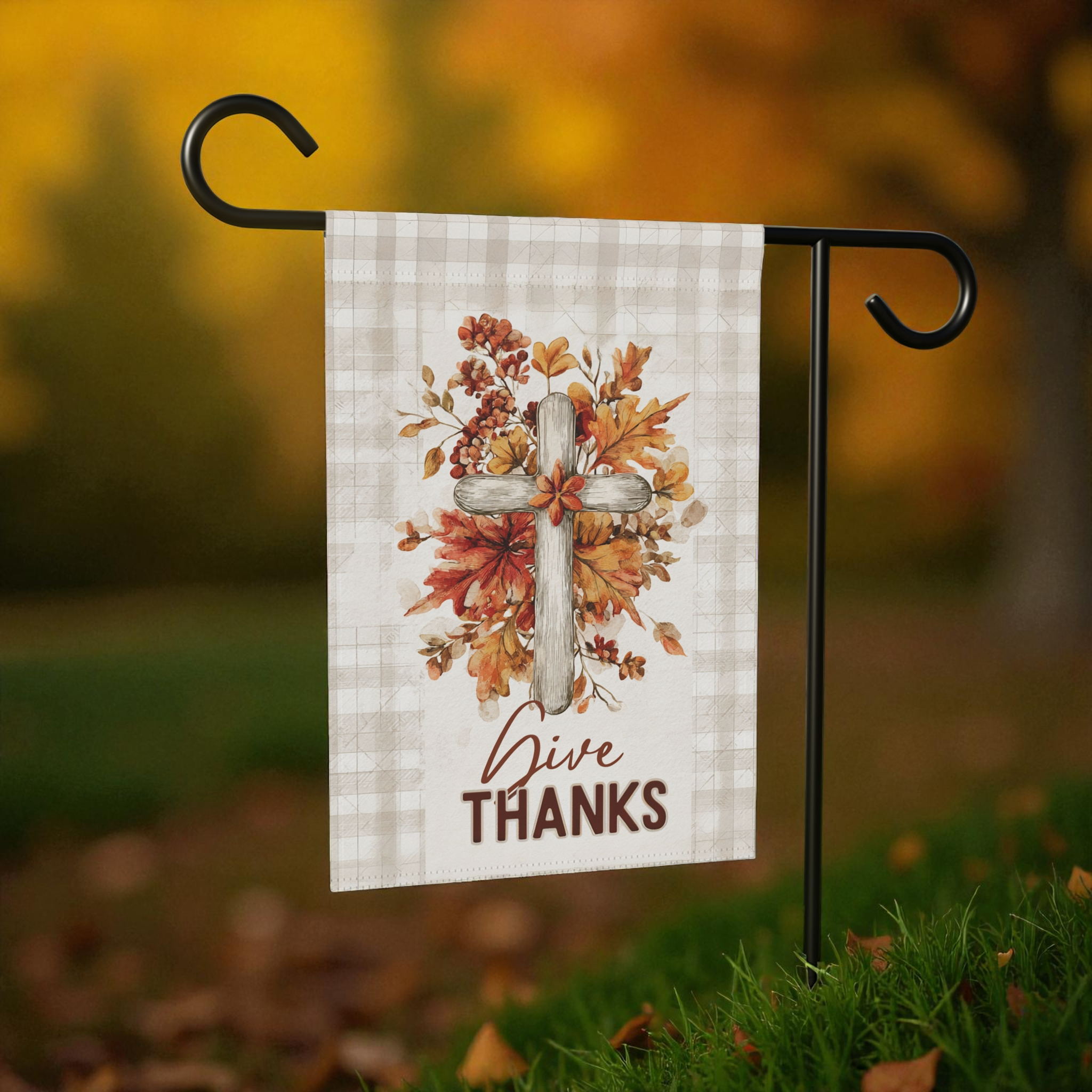 Give Thanks Wooden Cross Garden Flag - size comparison - Dragonfire Gardens
