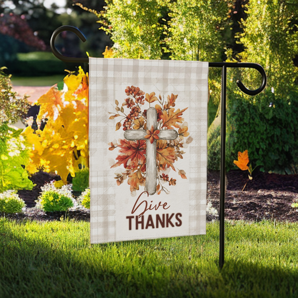 Give Thanks Wooden Cross Garden Flag - product detail - Dragonfire Gardens