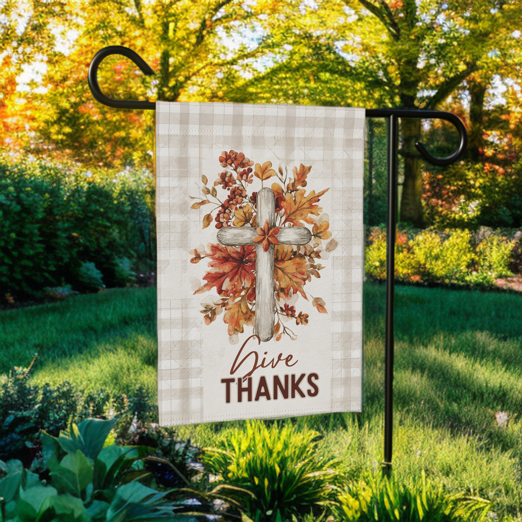 Give Thanks Wooden Cross Garden Flag - front view - Dragonfire Gardens