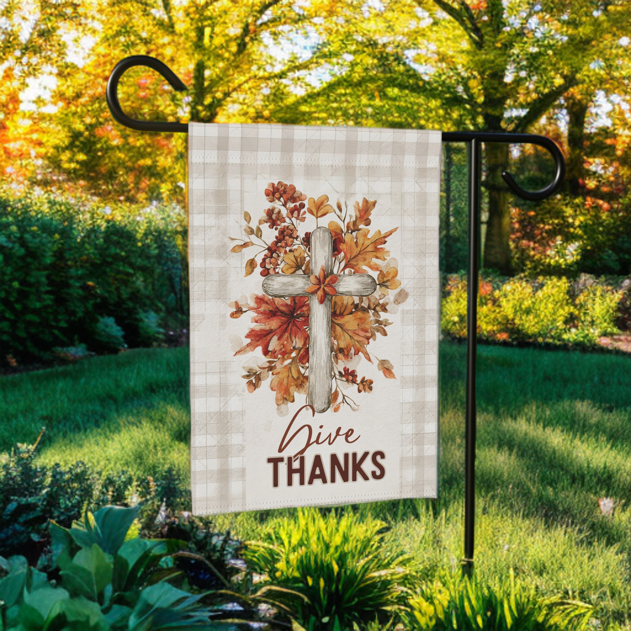 Give Thanks Wooden Cross Garden Flag - front view - Dragonfire Gardens