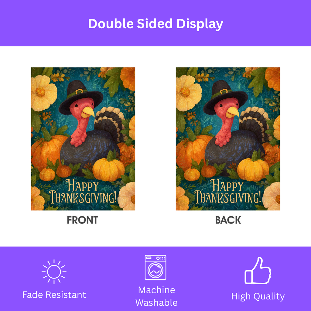 Flowers and Pumpkins Turkey Happy Thanksgiving Garden Flag - double-sided design - Dragonfire Gardens
