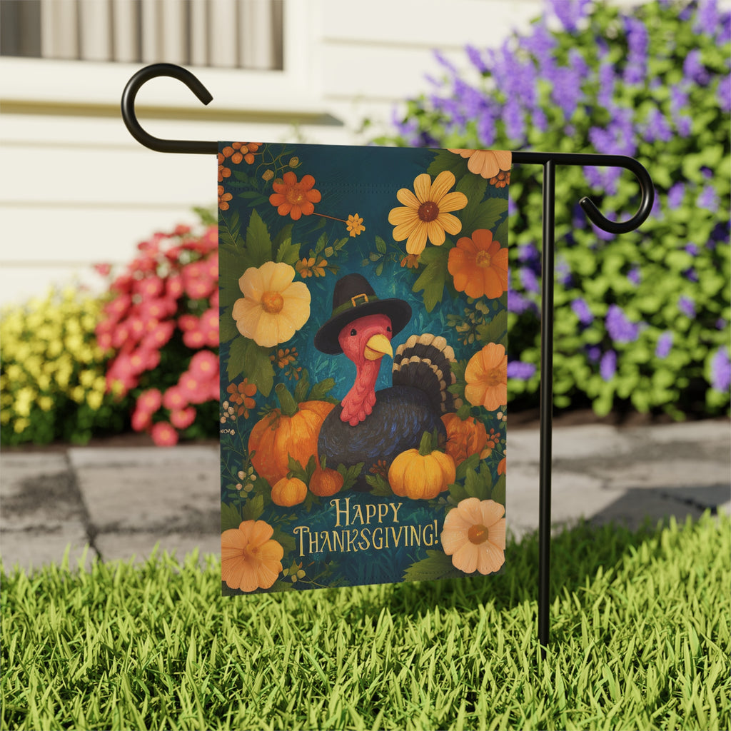 Flowers and Pumpkins Turkey Happy Thanksgiving Garden Flag - outdoor display - Dragonfire Gardens