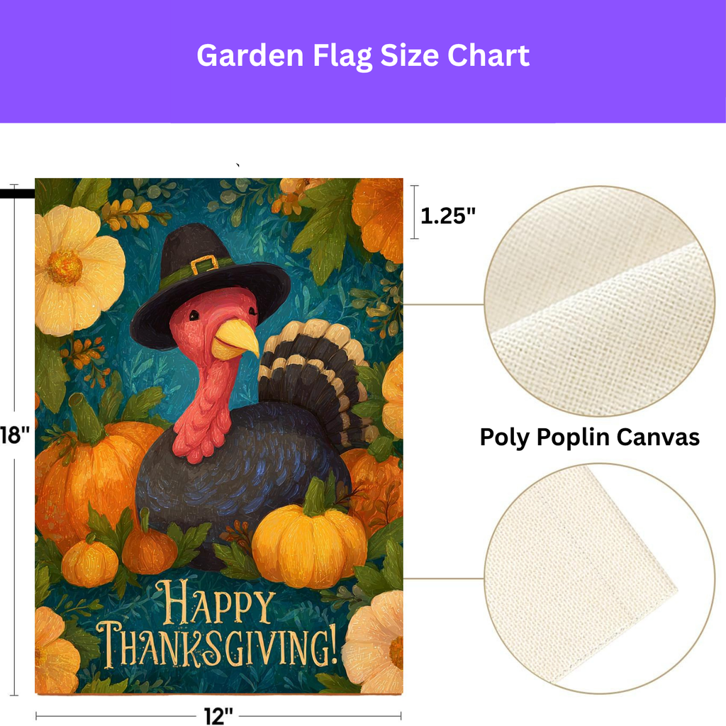 Flowers and Pumpkins Turkey Happy Thanksgiving Garden Flag - yard display - Dragonfire Gardens