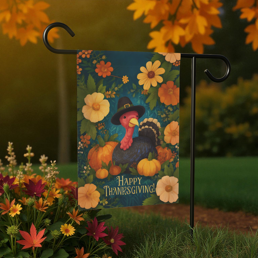 Flowers and Pumpkins Turkey Happy Thanksgiving Garden Flag - size comparison - Dragonfire Gardens