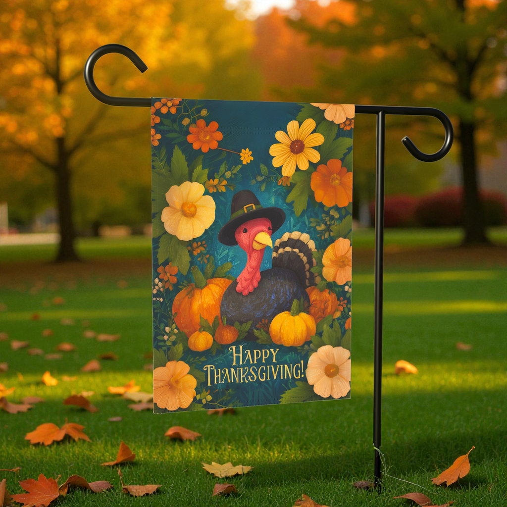 Flowers and Pumpkins Turkey Happy Thanksgiving Garden Flag - product detail - Dragonfire Gardens
