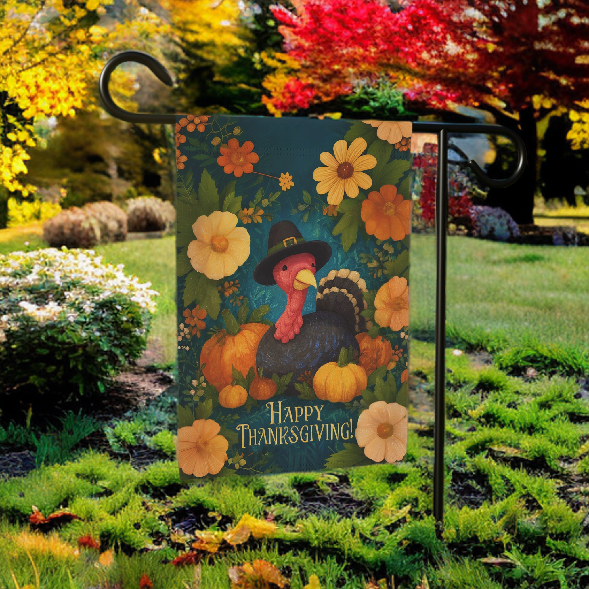 Flowers and Pumpkins Turkey Happy Thanksgiving Garden Flag - lifestyle display - Dragonfire Gardens