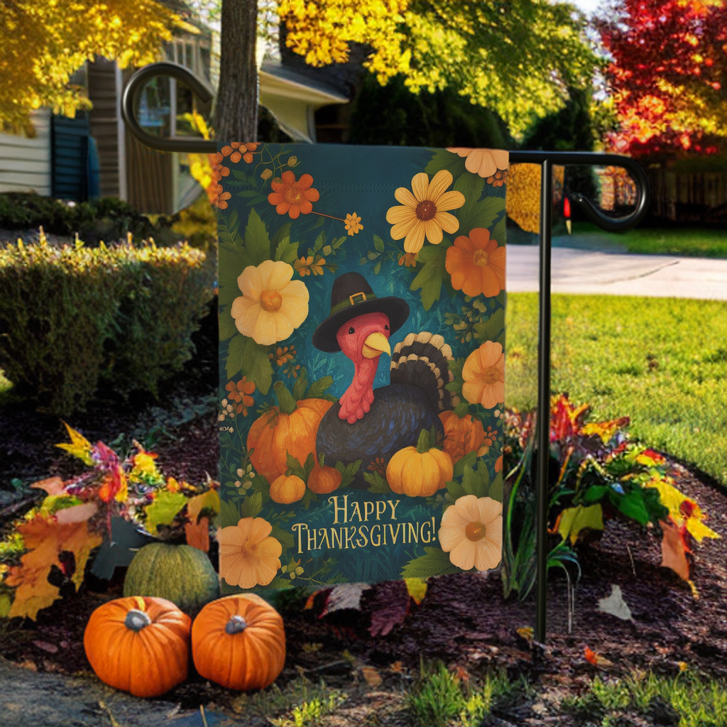 Flowers and Pumpkins Turkey Happy Thanksgiving Garden Flag - front view - Dragonfire Gardens