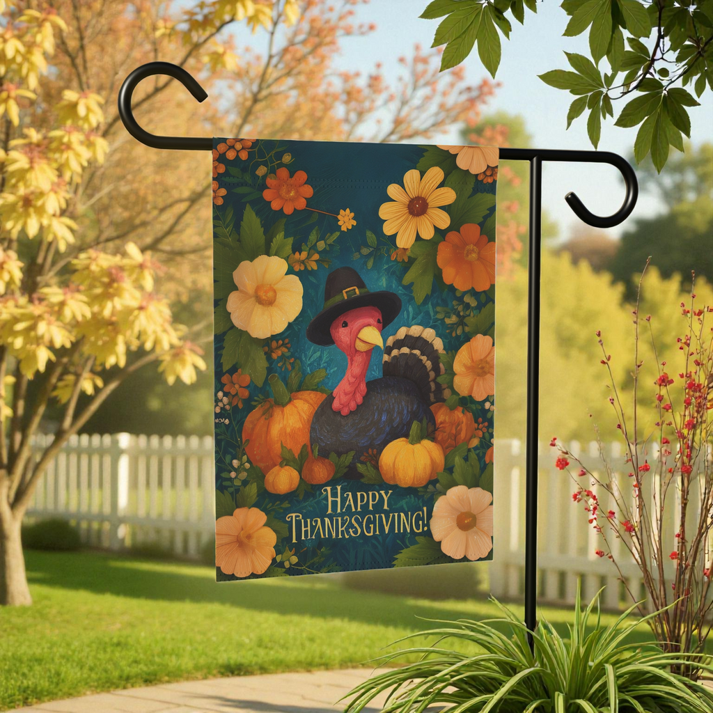 Flowers and Pumpkins Turkey Happy Thanksgiving Garden Flag - banner view - Dragonfire Gardens