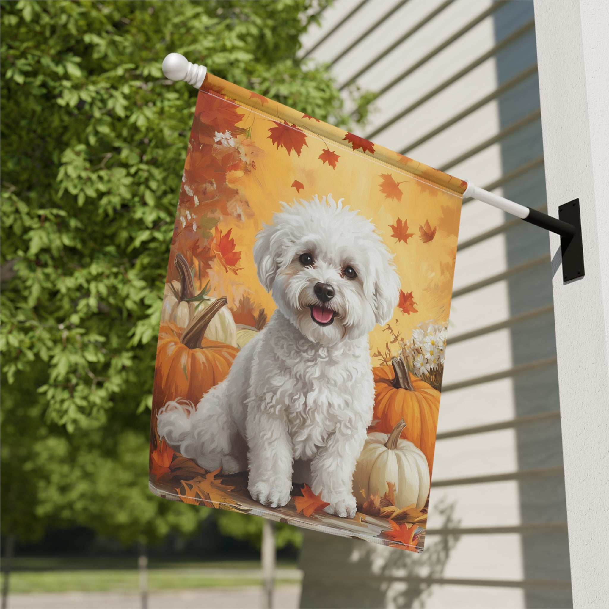 Bichon Frise and Four Pumpkins Garden Flag - close-up detail - Dragonfire Gardens