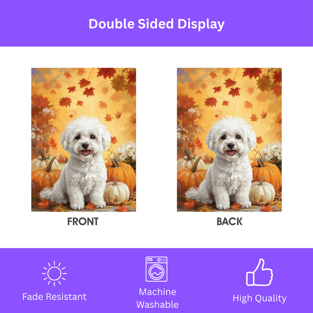 Bichon Frise and Four Pumpkins Garden Flag - double-sided design - Dragonfire Gardens