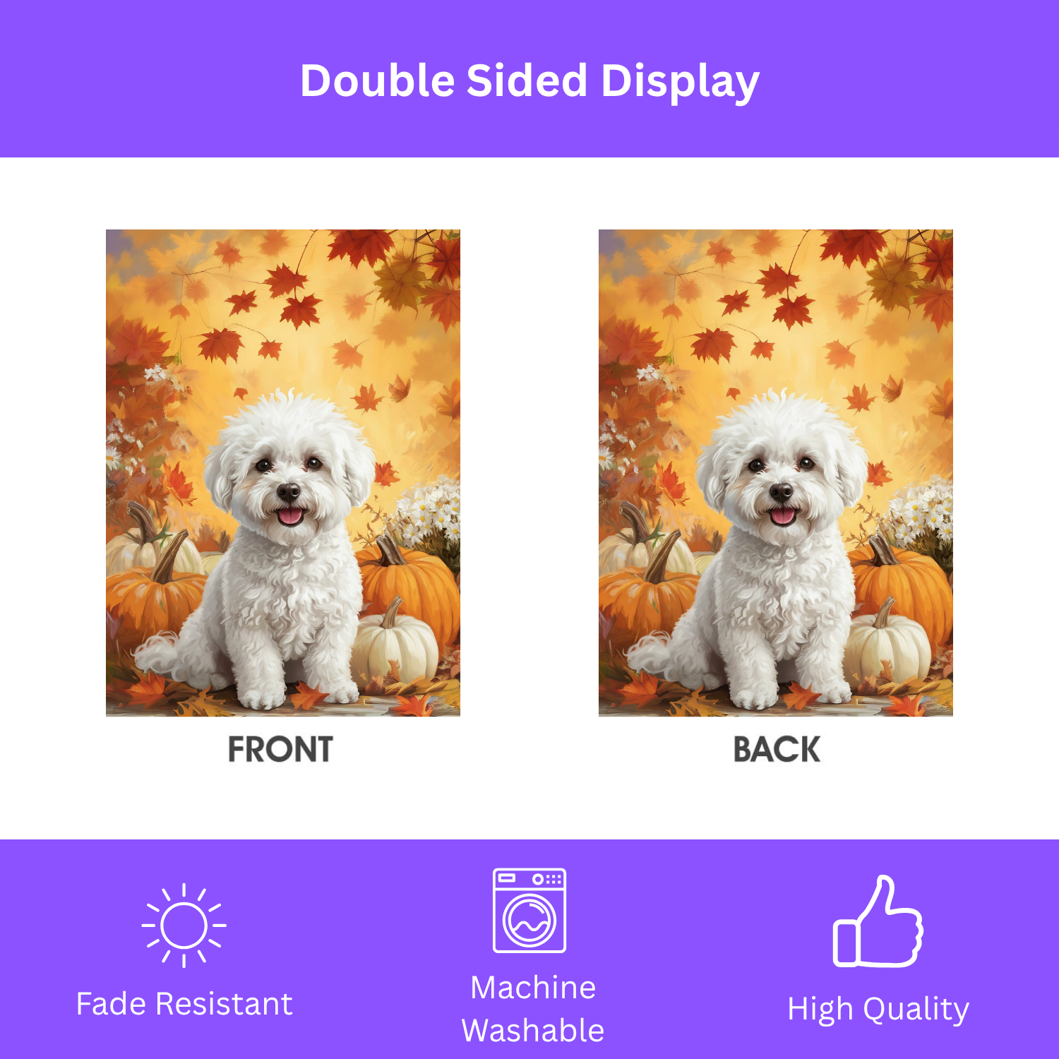 Bichon Frise and Four Pumpkins Garden Flag - double-sided design - Dragonfire Gardens