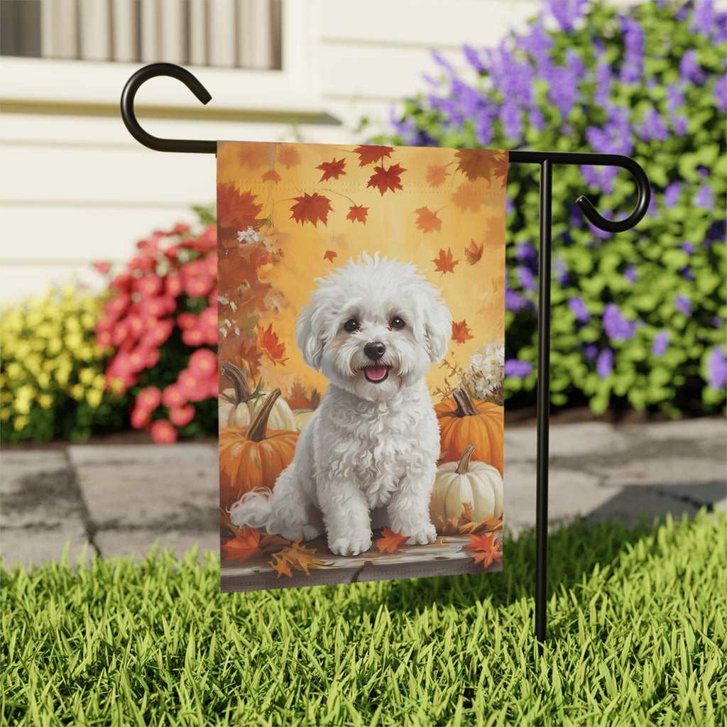Bichon Frise and Four Pumpkins Garden Flag - outdoor display - Dragonfire Gardens