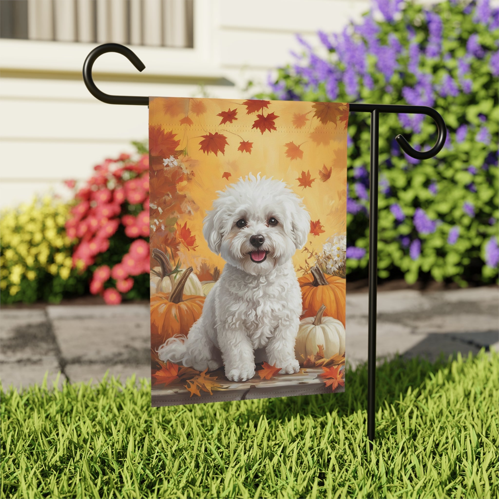 Bichon Frise and Four Pumpkins Garden Flag - outdoor display - Dragonfire Gardens