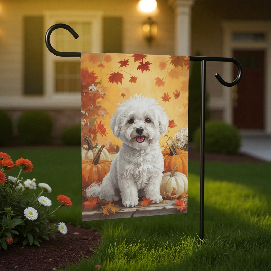 Bichon Frise and Four Pumpkins Garden Flag - size comparison - Dragonfire Gardens