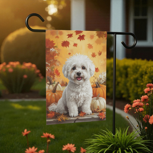 Bichon Frise and Four Pumpkins Garden Flag - front view - Dragonfire Gardens