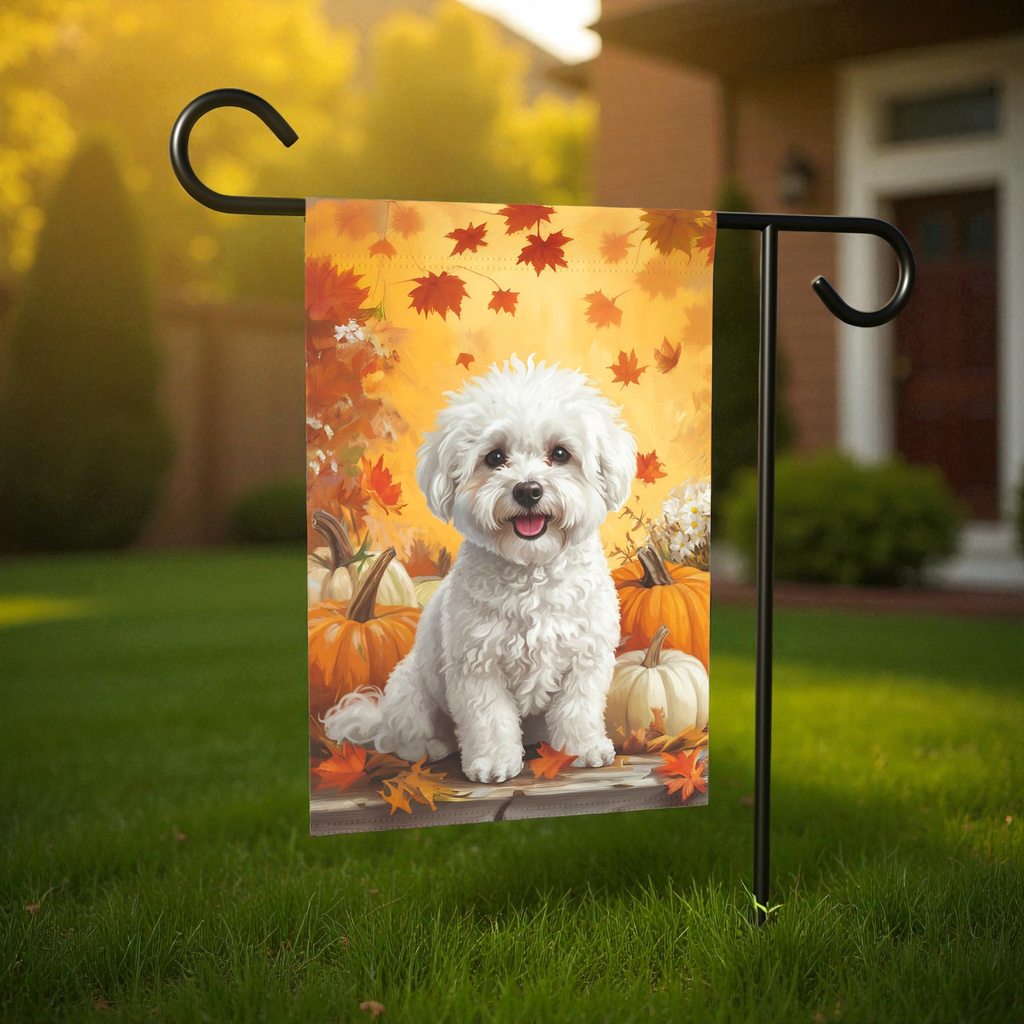 Bichon Frise and Four Pumpkins Garden Flag - product detail - Dragonfire Gardens