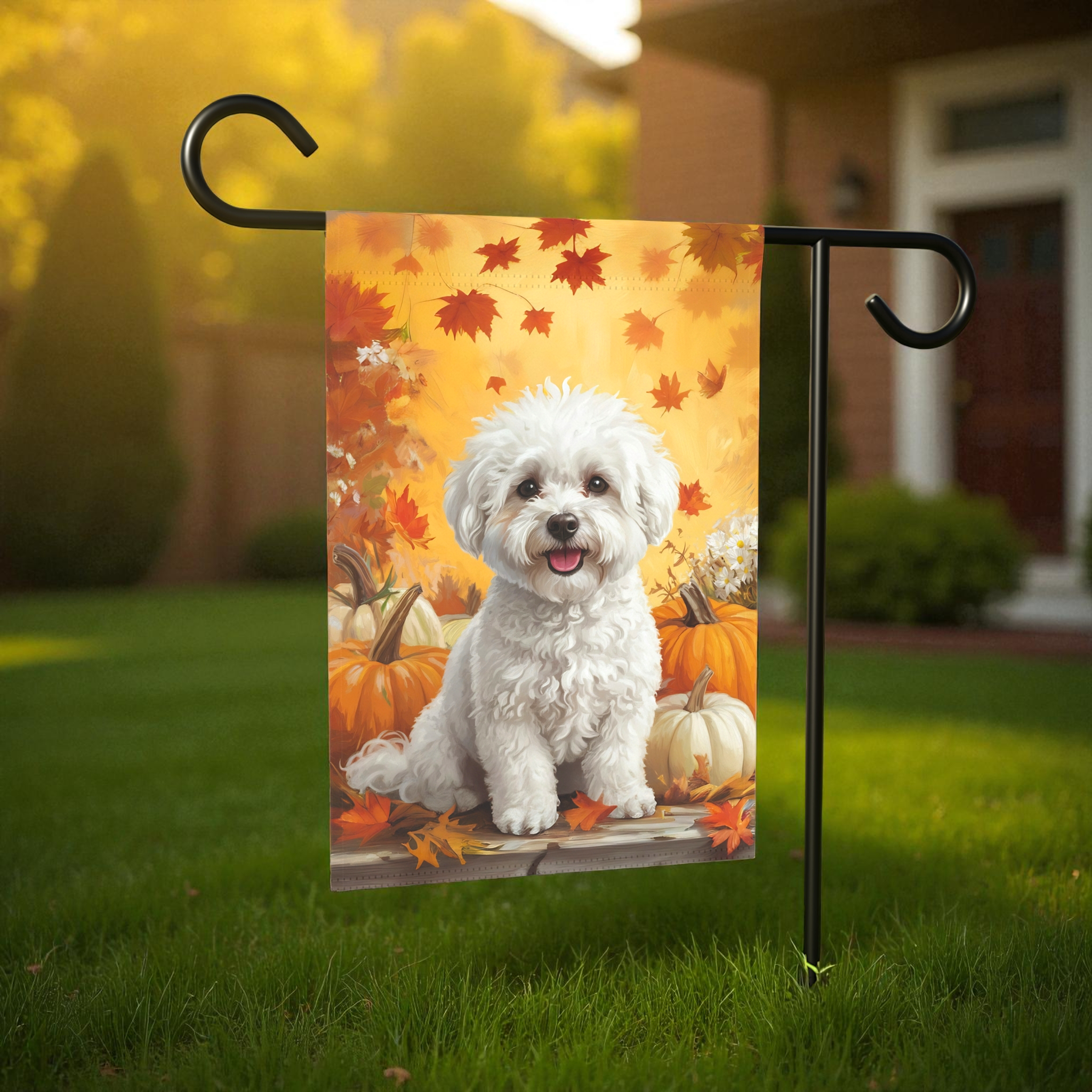 Bichon Frise and Four Pumpkins Garden Flag - product detail - Dragonfire Gardens