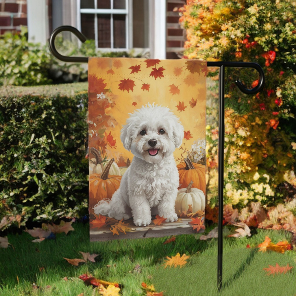 Bichon Frise and Four Pumpkins Garden Flag - banner view - Dragonfire Gardens