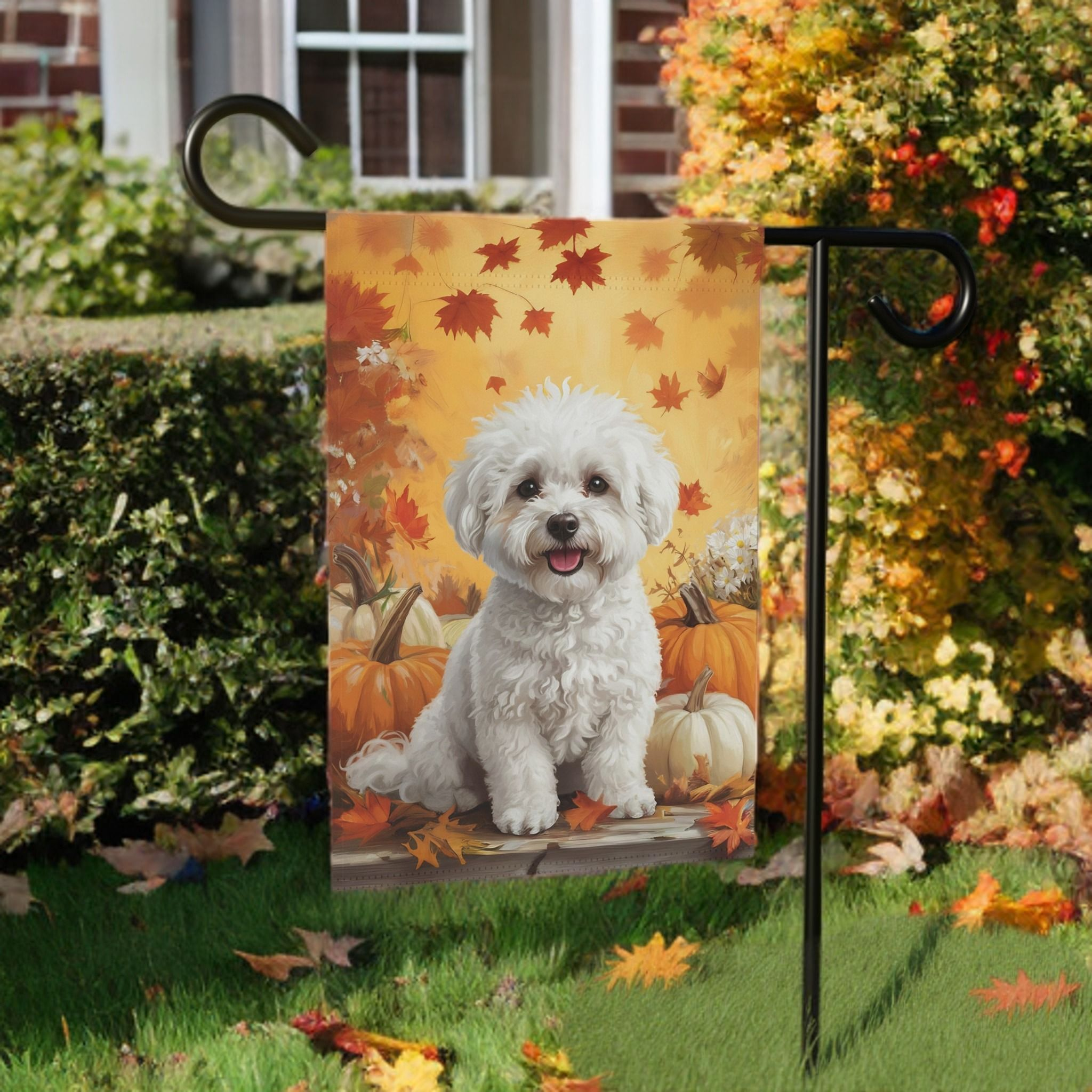 Bichon Frise and Four Pumpkins Garden Flag - banner view - Dragonfire Gardens