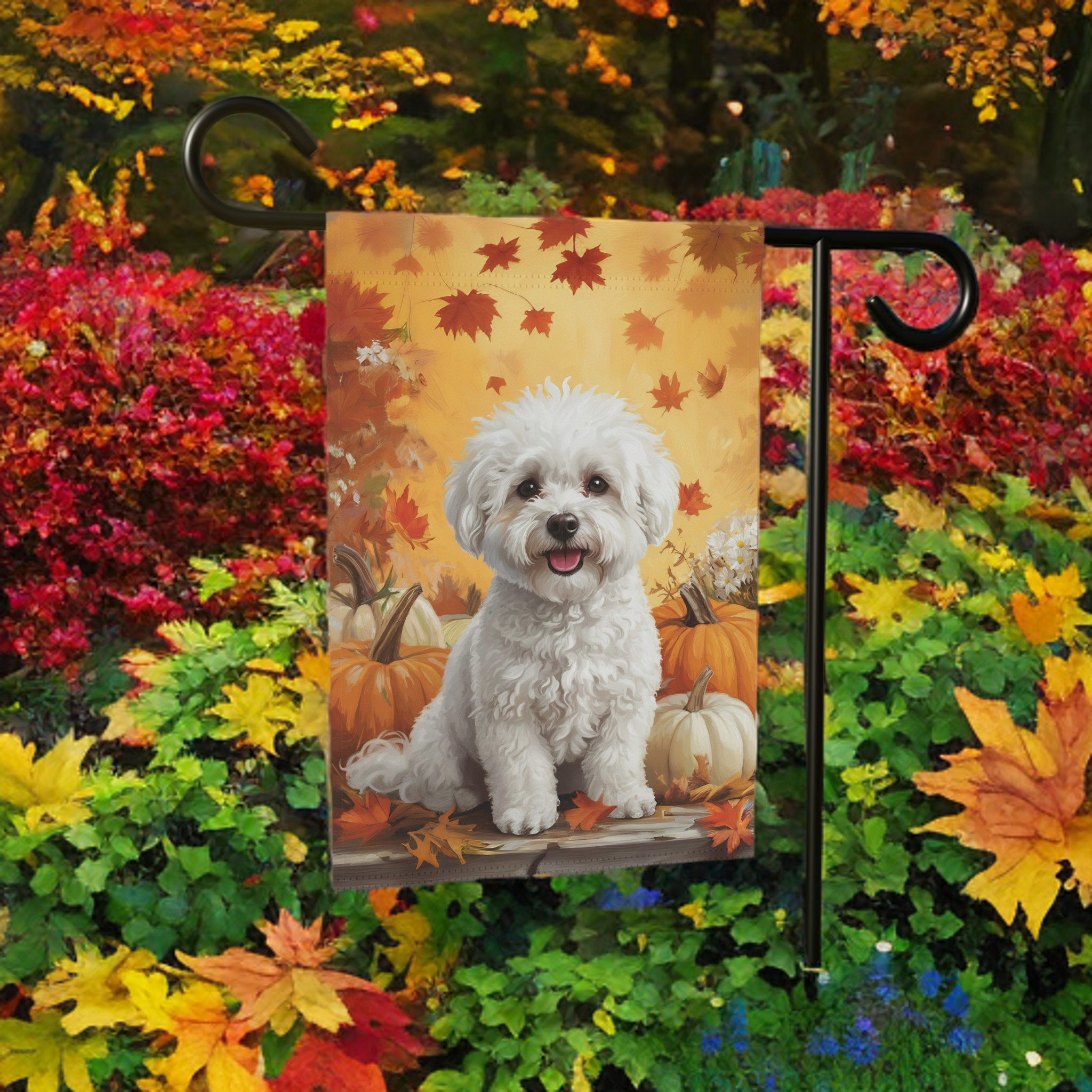Bichon Frise and Four Pumpkins Garden Flag - lifestyle display - Dragonfire Gardens
