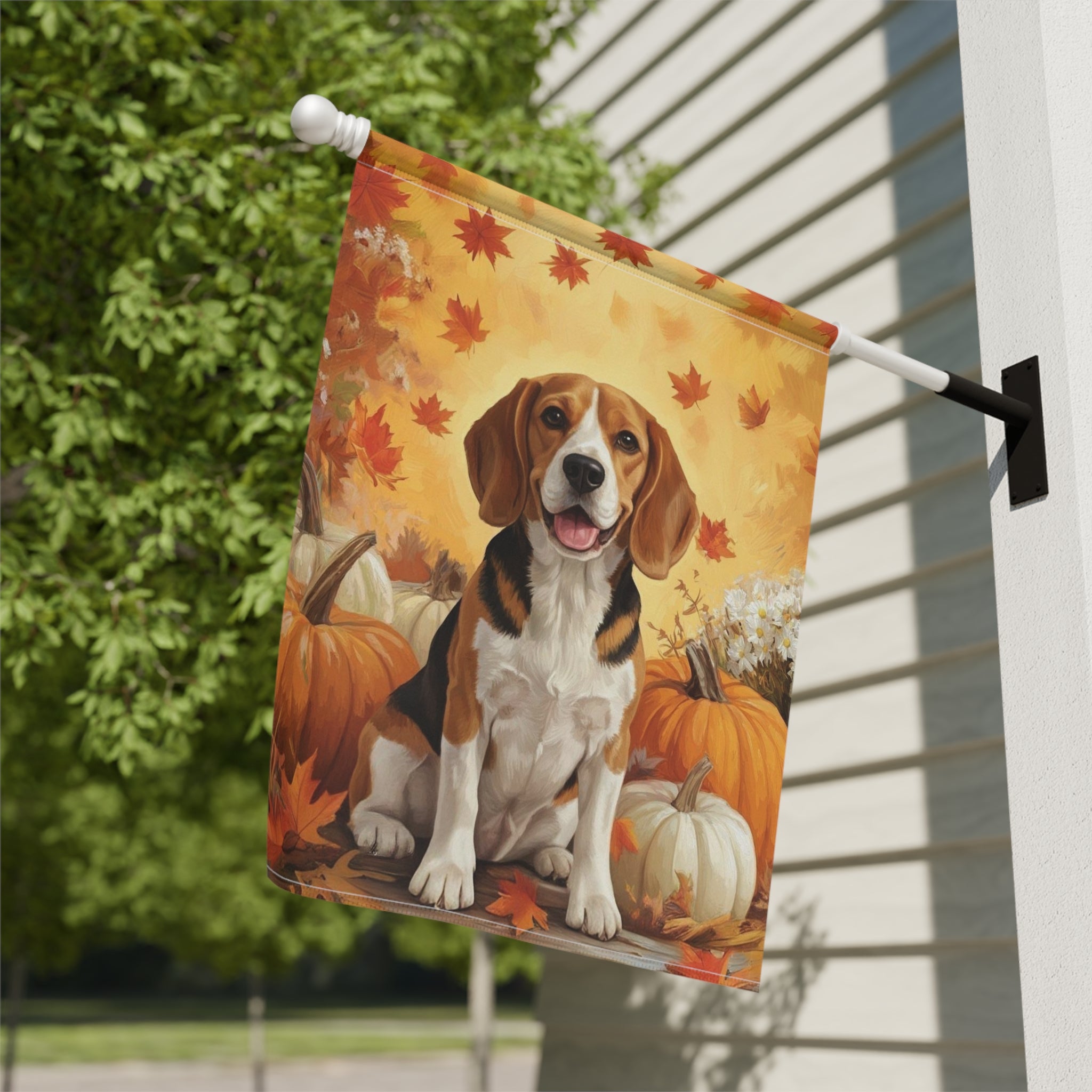 Beagle and Four Pumpkins Fall Garden Flag - close-up detail - Dragonfire Gardens