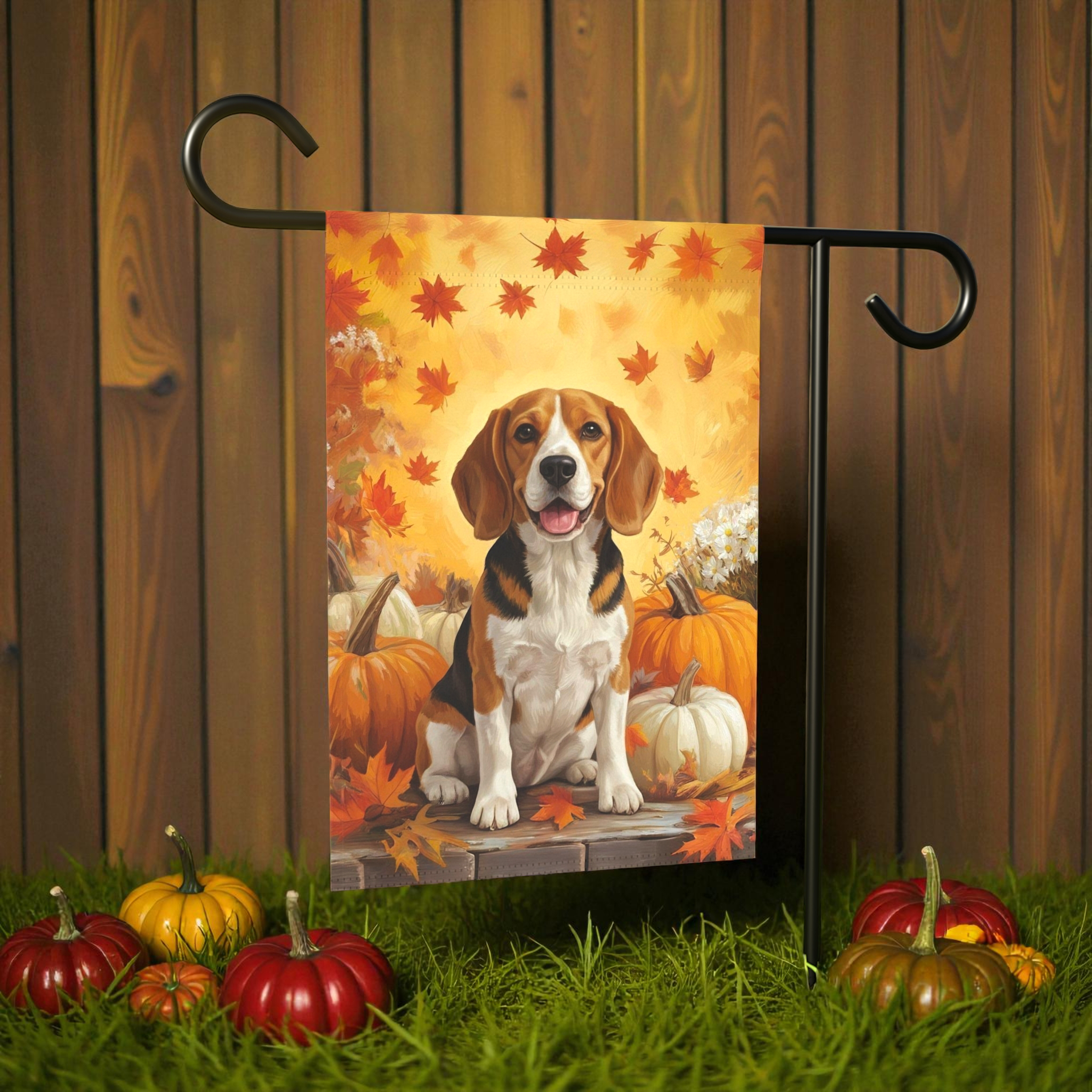Beagle and Four Pumpkins Fall Garden Flag
