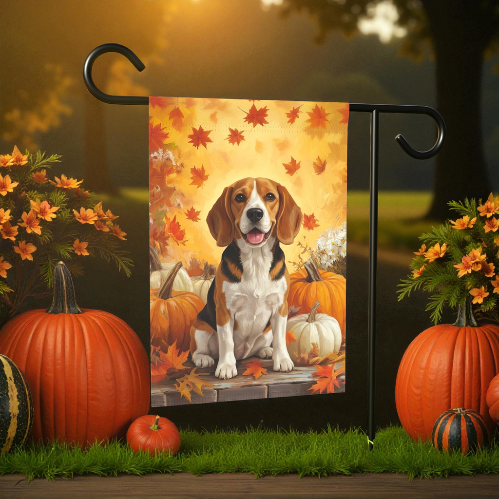 Beagle and Four Pumpkins Fall Garden Flag