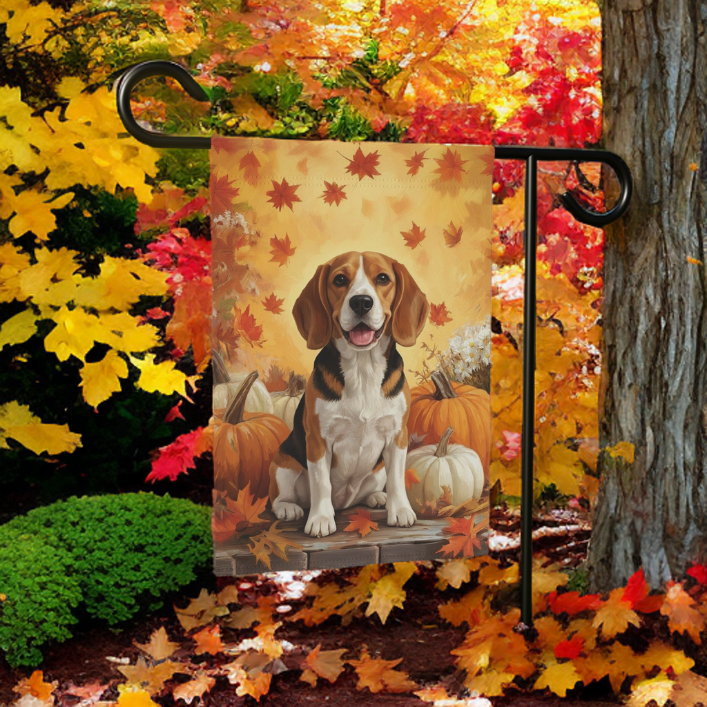 Beagle and Four Pumpkins Fall Garden Flag