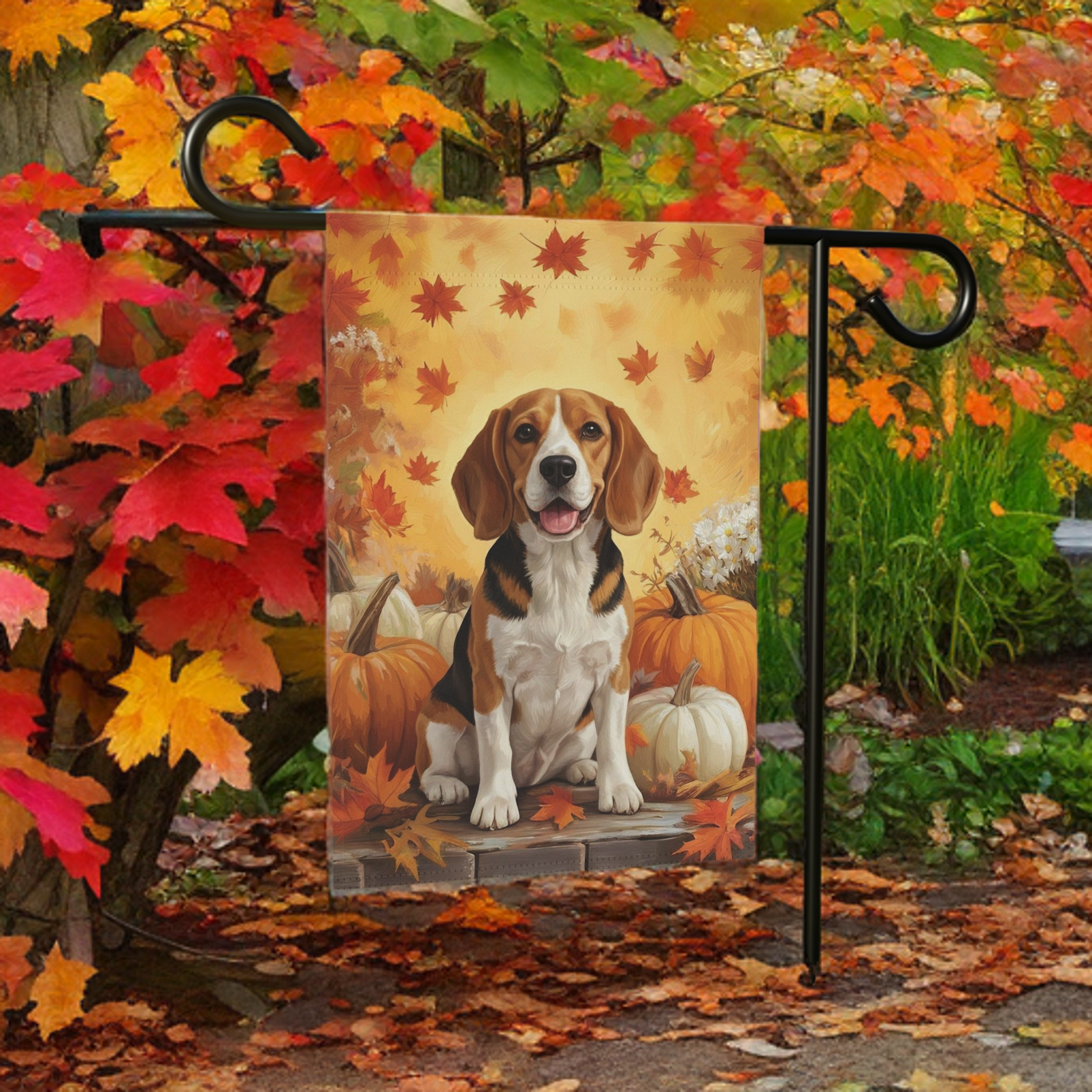 Beagle and Four Pumpkins Fall Garden Flag