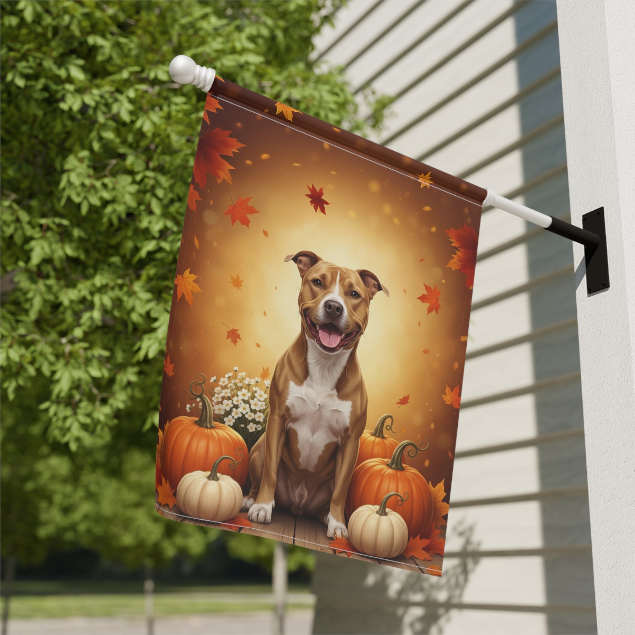 American Pitbull Terrier and Pumpkins Garden Flag - close-up detail - Dragonfire Gardens