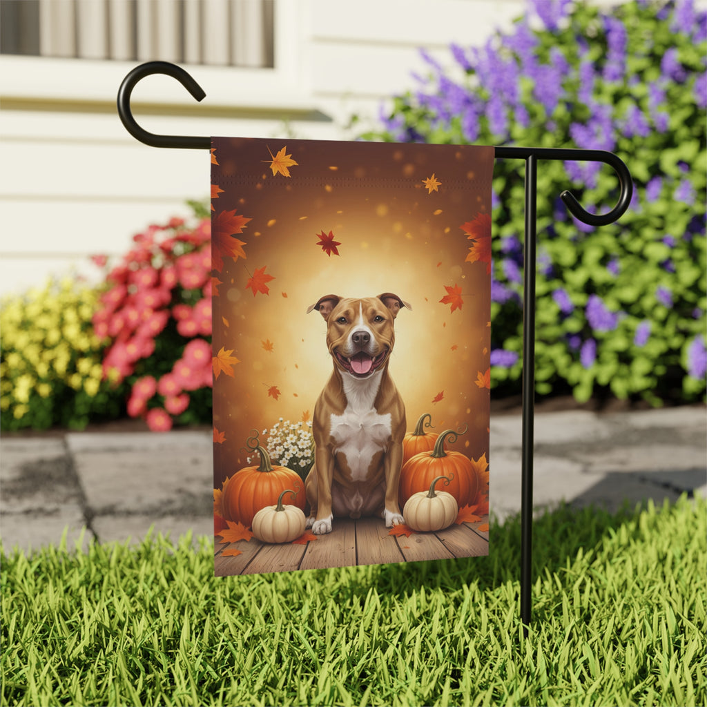 American Pitbull Terrier and Pumpkins Garden Flag - outdoor display - Dragonfire Gardens